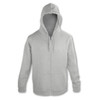 A grey unisex hoodie with a front zipper and drawstring hood. It features a logo on the garment.