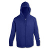 A navy unisex hoodie with a front zipper and two pockets, featuring a hood and long sleeves. It has a small logo.