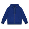 A blue unisex hoodie featuring a zip front, hood, and front pockets. It has a branding logo.