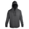A unisex hoodie in dark grey featuring a front pocket and a hood, with a branding logo.