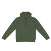 A unisex hoodie in olive green with a front pocket and a hood, featuring a brand logo.