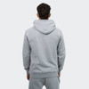 A unisex hoodie in grey with a kangaroo pocket and a hood, featuring a logo on the back.