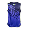 A men's performance singlet in navy blue, featuring dynamic abstract patterns and a logo.