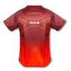 A men's performance t-shirt in shades of maroon and orange, featuring a hexagonal pattern and a logo on the back.