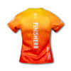 A women's performance V-neck T-shirt in vibrant orange and yellow with a logo and design elements.