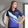 A women's sports polo in shades of blue with a dynamic design and a logo on the front.