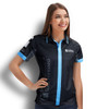 A women's black performance polo shirt with blue accents and a logo on the sleeve.
