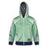 A light green women's zipped hoodie featuring a hood and patterned lining, with a logo on one side.