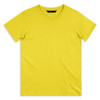 A plain yellow T-shirt with a round neckline and short sleeves, featuring a logo on the tag.
