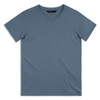 A plain blue men's t-shirt featuring a round neckline and short sleeves, with a logo on the label.