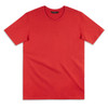 A red T-shirt featuring a round neckline and short sleeves, with a logo on the tag.
