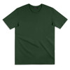 A green T-shirt with a round neckline and short sleeves, featuring a logo on the neckline.