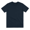 A plain navy blue women's T-shirt featuring a round neckline and short sleeves, with a branding logo.
