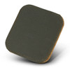 A square wireless charger in olive green with a stitched leather finish and a textured surface.