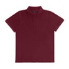 A maroon women's polo shirt with short sleeves and a classic collar, featuring a button placket and branding.