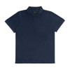 A navy polo shirt featuring a classic collar and three-button placket. It includes a logo on the front.