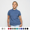 A woman wears a blue polo shirt with a collared neckline. Various colour options are displayed below.