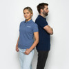 A blue women's polo shirt worn by a woman, paired with a navy polo shirt worn by a man, both standing back to back.
