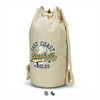 A cream barrel bag with a drawstring closure and a rope handle, featuring a logo.