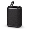 A compact black outdoor Bluetooth speaker with a textured surface and a convenient carrying strap.
