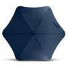 A navy blue sport umbrella with a unique hexagonal shape and a handle, featuring a logo.