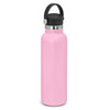 A drink bottle in a matte pink finish with a black carry lid and a silver accent. Features a logo.