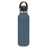 A drink bottle in a deep blue matte finish with a carrying lid and a metal accent. Features a logo on the side.