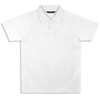 A white polo shirt with a collar and a logo on the chest, featuring short raglan sleeves.