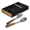 Keepsake salad servers with wooden handles in a sleek black box, featuring a fork and a spoon design.