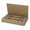 A set of stainless steel salad servers in a brown cardboard box, featuring a textured handle design.