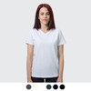 A white women's t-shirt with a v-neck design, featuring a model standing against a light grey background.