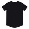 A black men's T-shirt with a rounded neckline and short sleeves. It features a logo on the label.