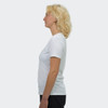 A white women's t-shirt displayed from the side, featuring a simple design and a logo on it.