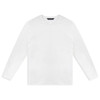 A white long sleeve crew shirt with a simple design and a logo on the label.
