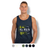 A navy men's tank top featuring the phrase "EAT SLEEP GYM" and a logo, displayed on a model.