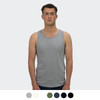 A men's grey tank top with a round neckline, featuring a logo and displayed on a model. Available in multiple colours.