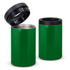 A drink bottle in vibrant green with a black lid, featuring a vacuum-sealed design.