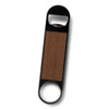 A drink bottle opener in black and wood with a circular end and a logo.