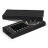 A rectangular black key ring with a metallic finish, presented in a sleek black box.