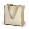 A beige tote bag made of canvas with sturdy handles and a natural jute base. It features a logo.
