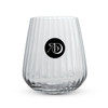 A clear, ribbed glass tumbler with a circular logo. Ideal for serving beverages.
