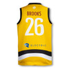 A yellow men's AFL top featuring a black and white stripe, with a name and number on the reverse, and a logo.