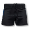 Black rugby shorts featuring a drawstring waist and a logo on the side. Suitable for women's sportswear.