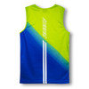 A blue and lime green sports singlet featuring stripes and a logo on the back.