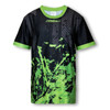A custom kids sports T-shirt featuring a black base with green graphic designs and a green collar. Includes a logo.
