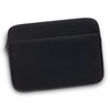 A black laptop sleeve with a zip closure and an additional front pocket, including a logo.