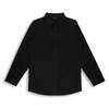 A black button-up shirt with a classic collar and long sleeves, featuring a logo.
