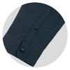 A dark grey button-up shirt sleeve featuring a double-button cuff and neat stitching. It has a logo on the fabric.