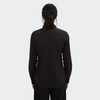 A women's black button-up poplin shirt featuring long sleeves and a fitted design, with a simple logo on the back.