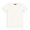 A white youth t-shirt with a standard crew neck and short sleeves. It features a branding logo.